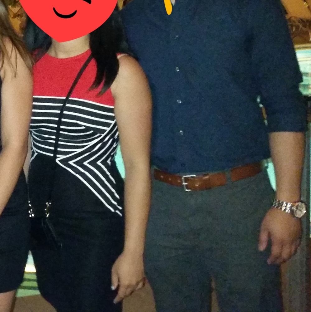 Black dress with red and striped details